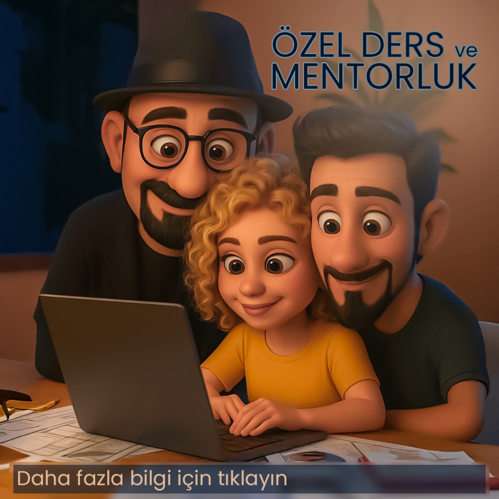 Üç karakter bir bilgisayarda çalışırken, samimi bir ortamda özel ders ve mentorluk konusunu araştırıyor.