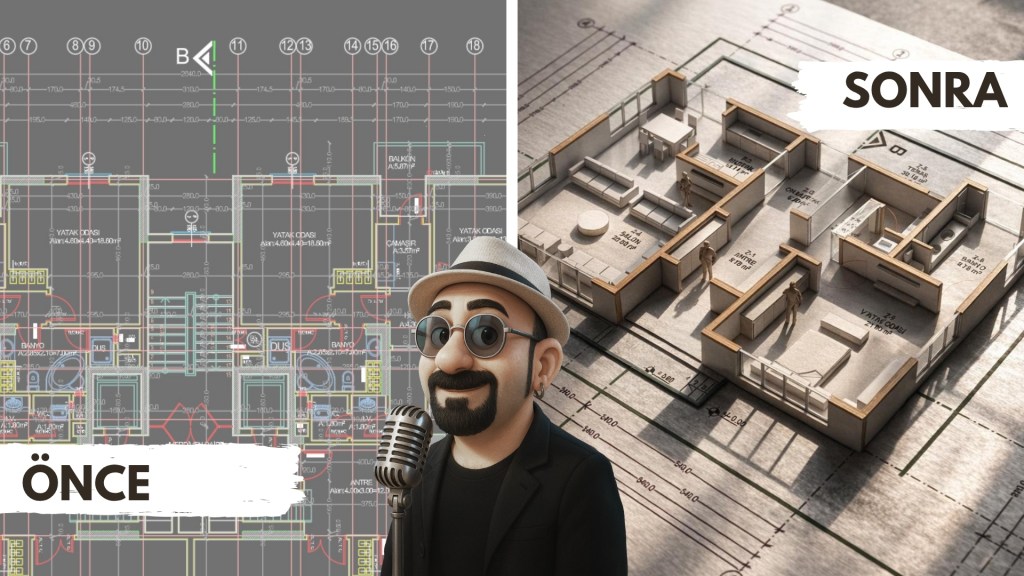 Sol taraf, bir evin mimari planını gösterirken, sağ tarafta aynı evin 3D modeli yer alıyor. Alt kısımda, "ÖNCE" ve "SONRA" yazıları ile dönüşüm süreci vurgulanıyor.