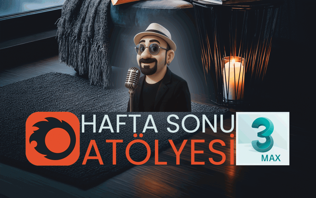 Mikrofon tutan bir karakterin yer aldığı, 'Hafta Sonu Atölyesi 3 Max' yazılı bir grafik tasarım. Arkada loş bir ortamda bir mum ve halı görünmekte.